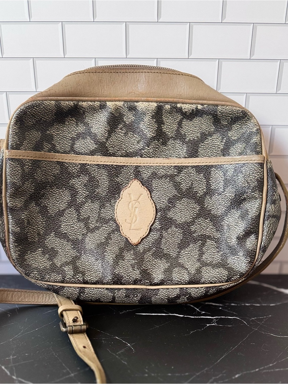 Yves Saint Laurent Beige Trim Black-Gray Pattern Crossbody Bag